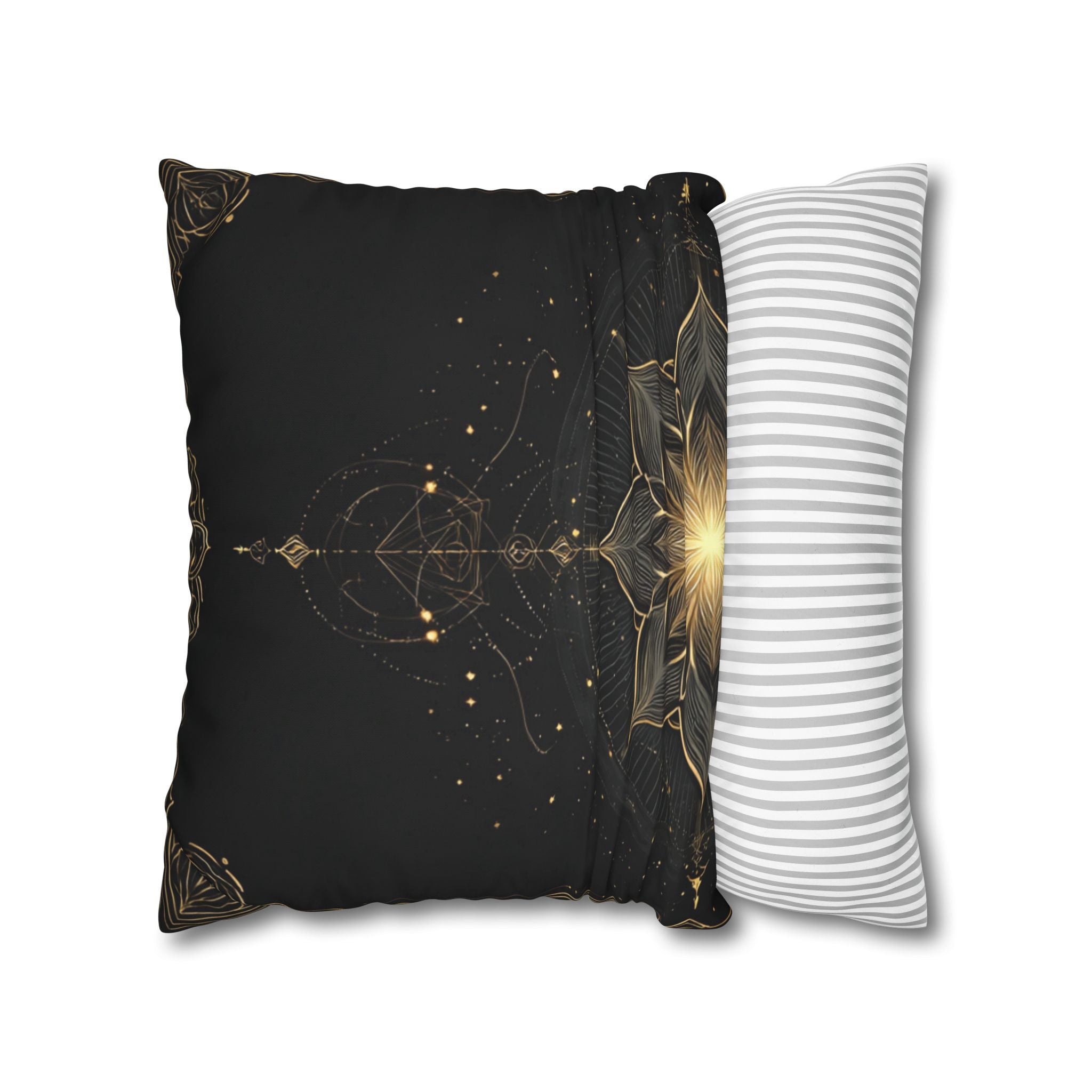 Lotus Mandala Decorative Pillow Cover — Black & Gold Spiritual Accent