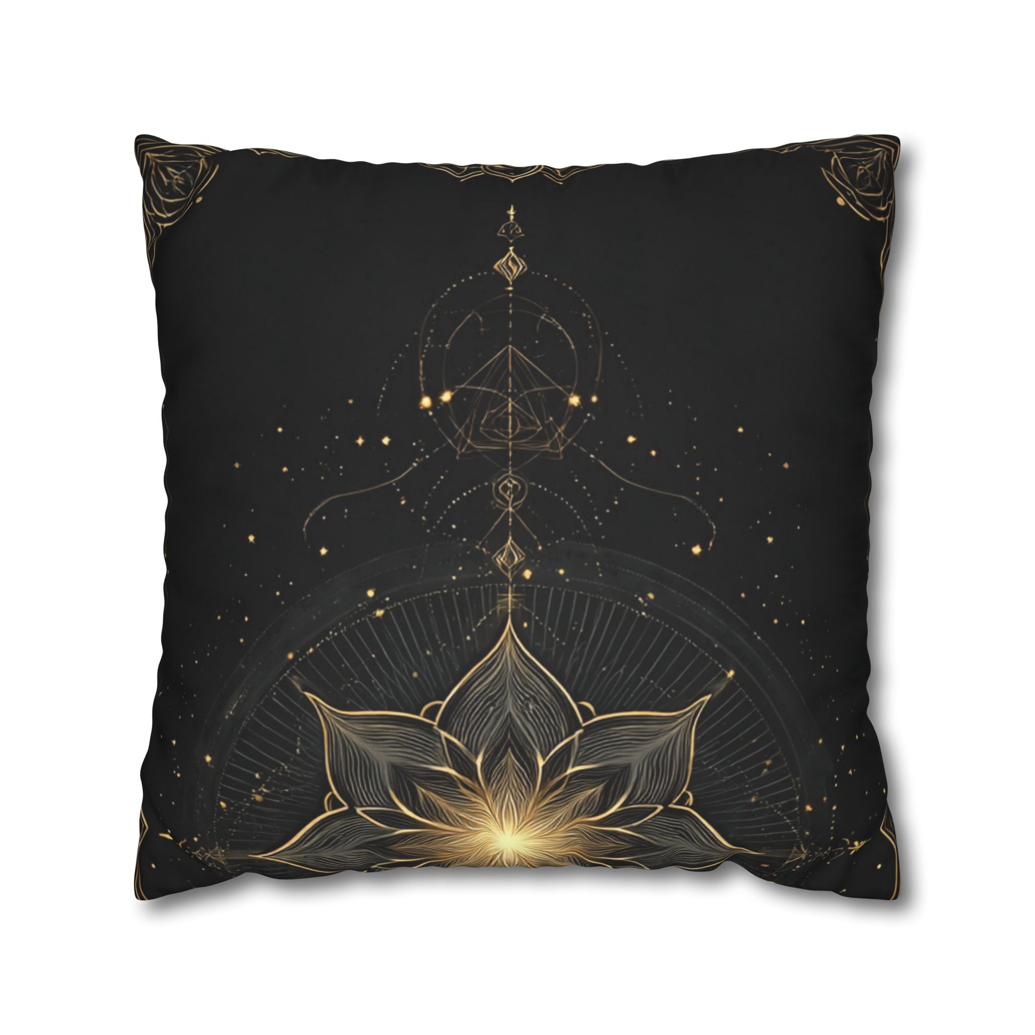 Lotus Mandala Decorative Pillow Cover — Black & Gold Spiritual Accent