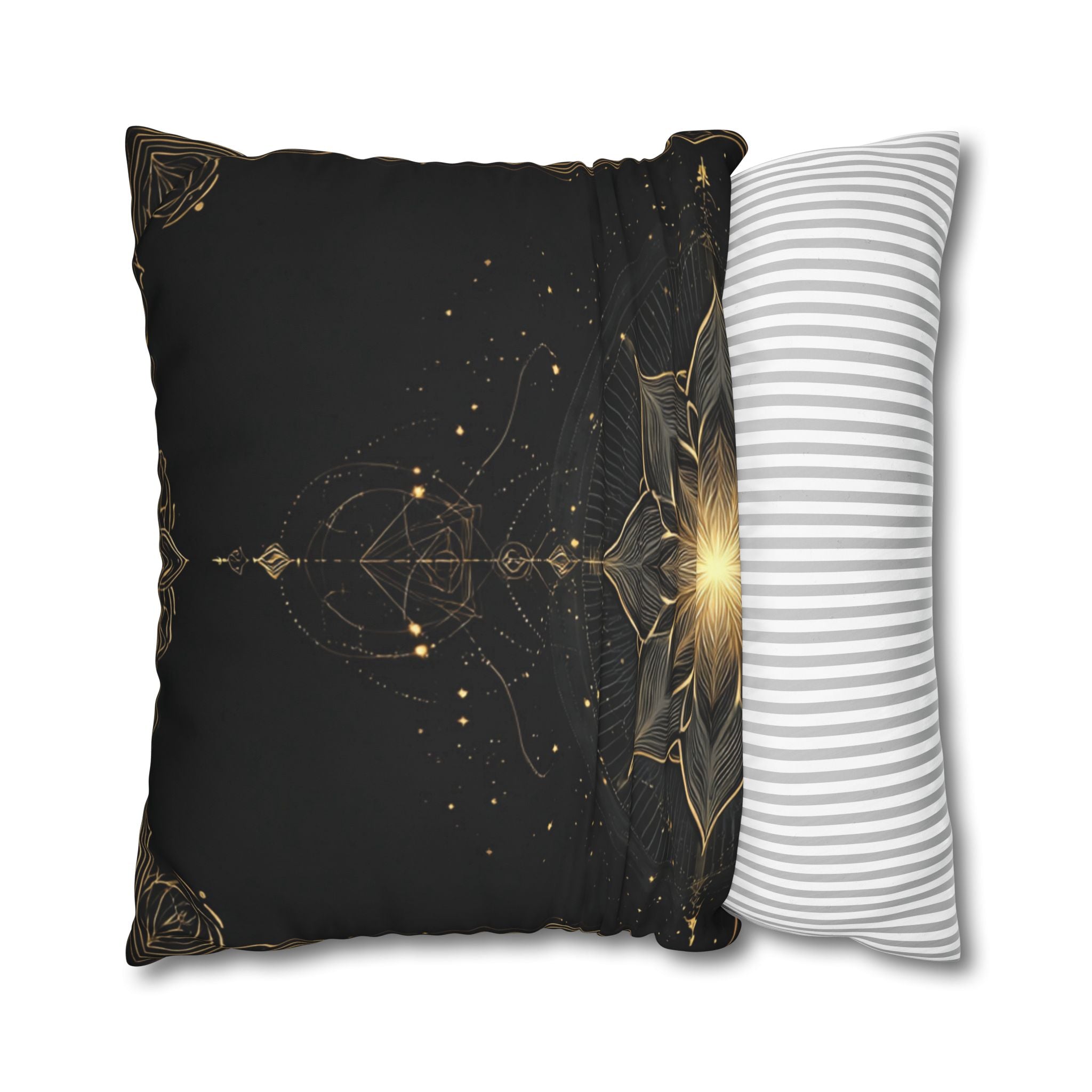 Lotus Mandala Decorative Pillow Cover — Black & Gold Spiritual Accent